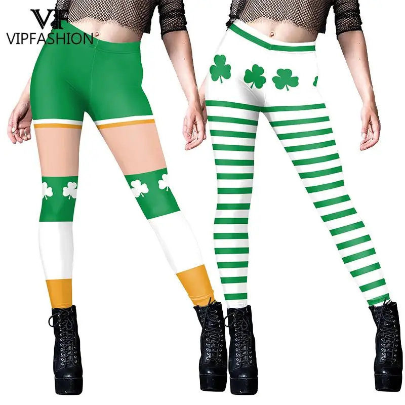 VIP FASHION St. Patrick\'s Day Leggings Women Green Holiday Pants Sexy Elastic Tights Clover Printed Trousers Girls Party Bottom