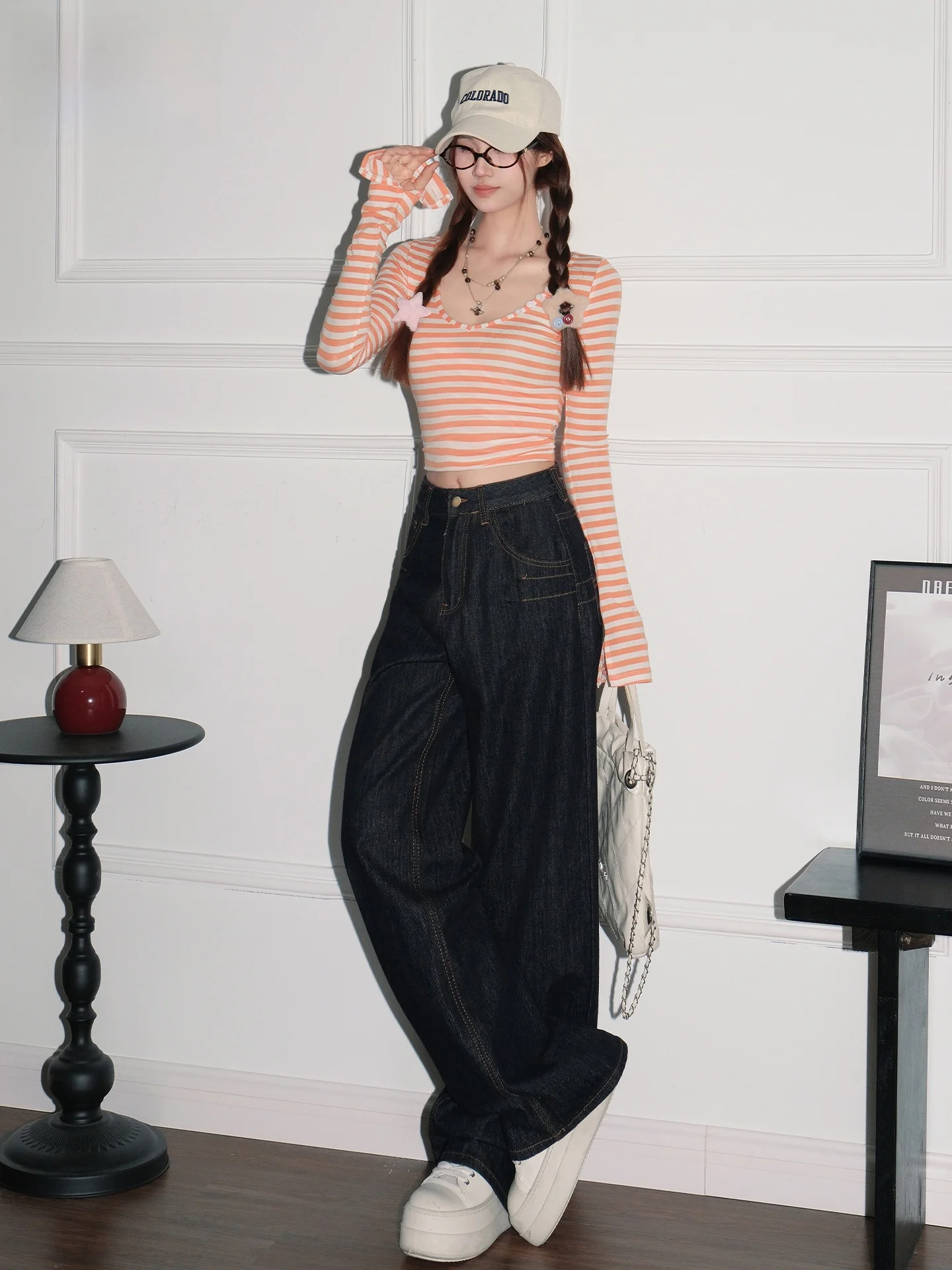 

Джинсы женские летние в американском ретро-стиле, темно-синие, с вышивкой, свободные, прямые, широкие штанины, повседневные, с высокой талией