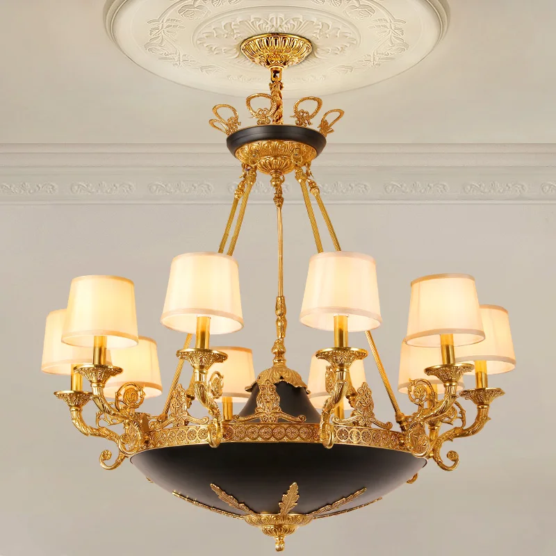 European Luxury Villa Hotel Living Room Pendant Light French Dome Black Brass Fabric shade Chandelier