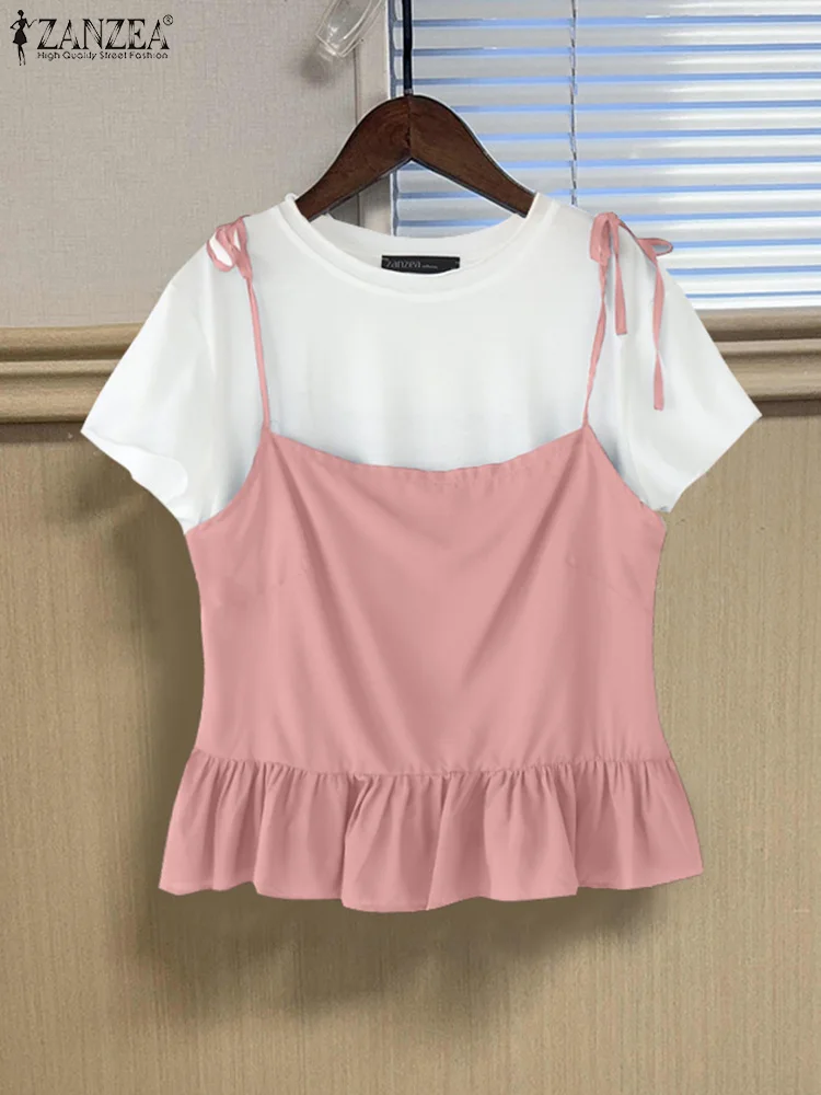 

ZANZEA Fashion Women Casual T-Shirts 2025 Summer Tees Color Patchwork Bandage T-shirts Loose Tunic Korean Tops Pleated Shirts