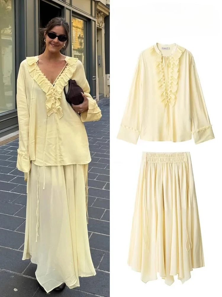 BWQ Vrouwen Elegante Rok Pak Effen Lange Mouwen Kant Los Shirt + Rits Geplooide Trekkoord Decoratie Casual Lange Rok set 2025