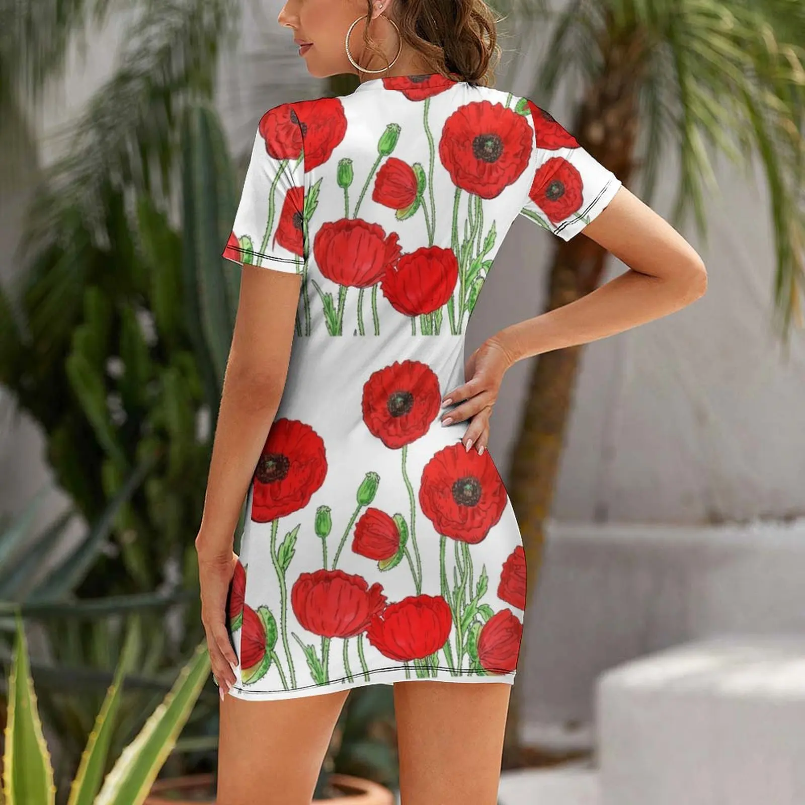 Red Poppies Field Of Flowers Watercolor Pattern by Irina Sztukowski Short Sleeved Dress evening dress women dress for women