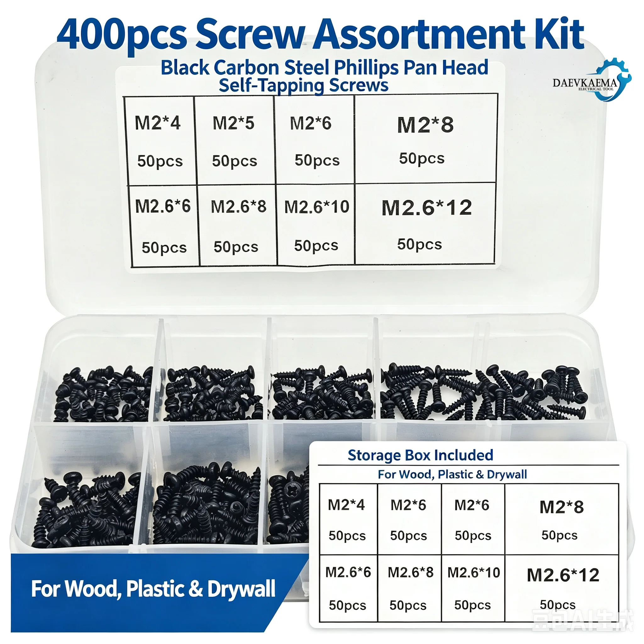 400pcs M2/M2.6 Self-Tapping Truss Head Black Cross Screws Kit for Glasses, Small Mech, Electronic Instruments