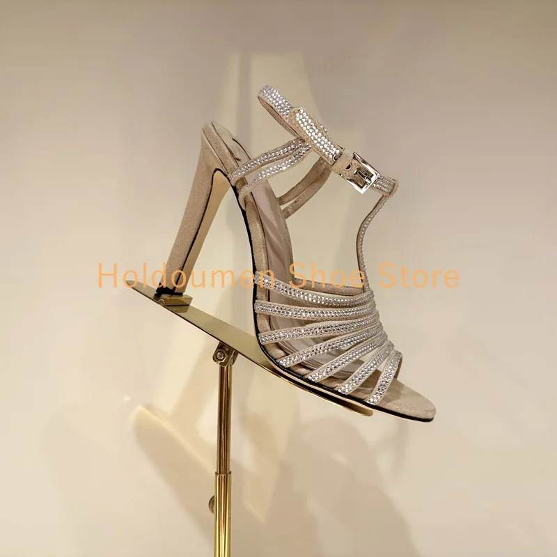 

Women's Gorgeous Handmade Full Diamond T-Strap Connect Narrow Strap Fashion Sandal Summer Peep Toe Dinner Party High Heel Sandal