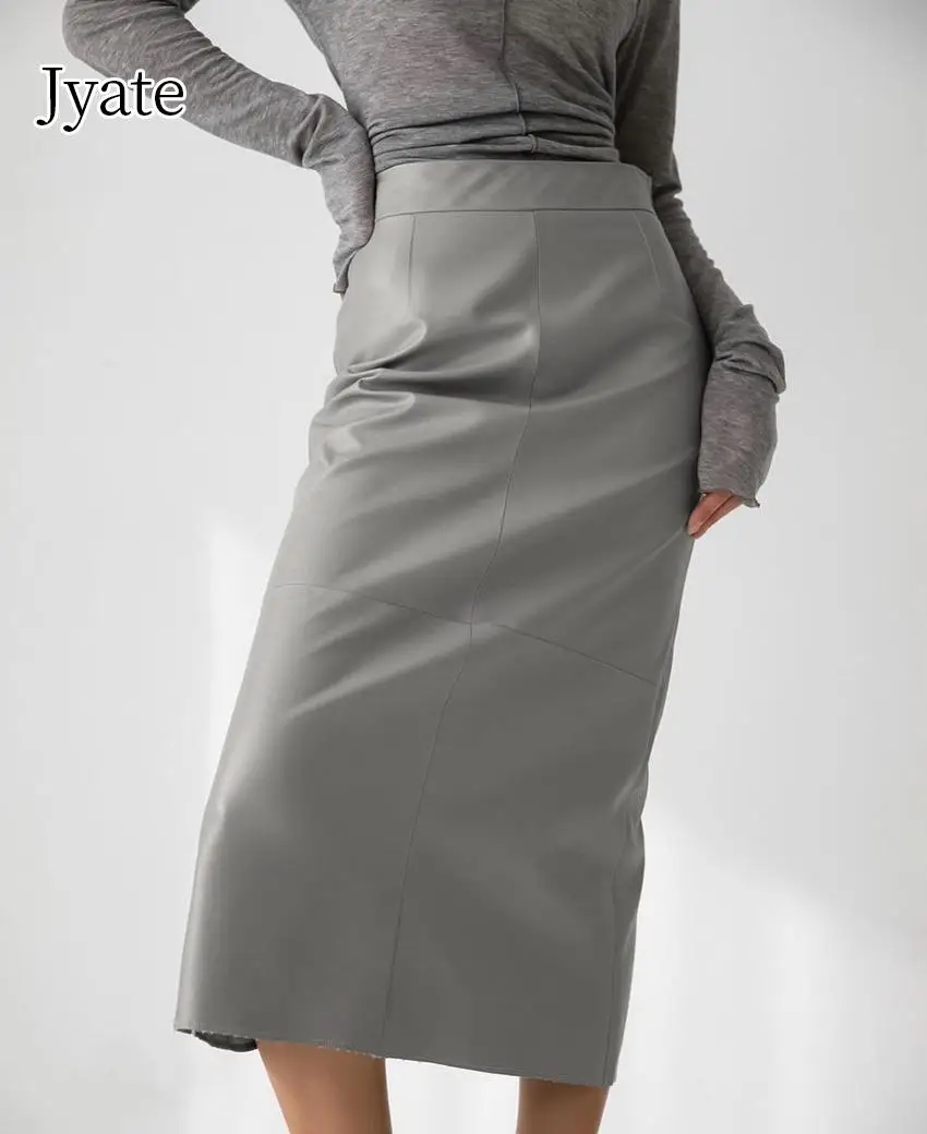 

Jyate 2023 Autumn Gray Leather Skirts Women Elegant Office Lady Black Pu Straight Skirts Fashion Party Slit Long Skirts Female