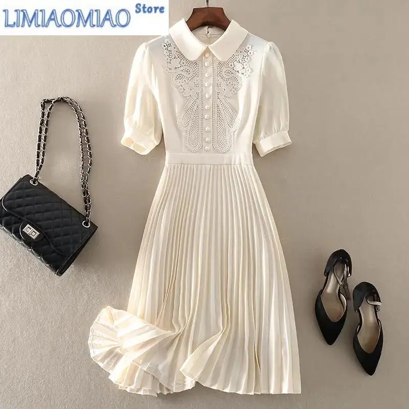 

New Embroider Hook Flower Hollow Office Lady A-Line Women's Dress Polo Short Sleeve Elegant Mid-Calf Pleated Dresses For Women