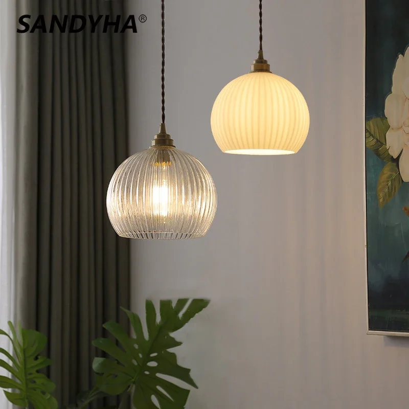 

SANDYHA French Retro Pendant Light Glass Hanging Chandelier Led Lamps for Living Room Dining Table Lighting Bedroom Decoration