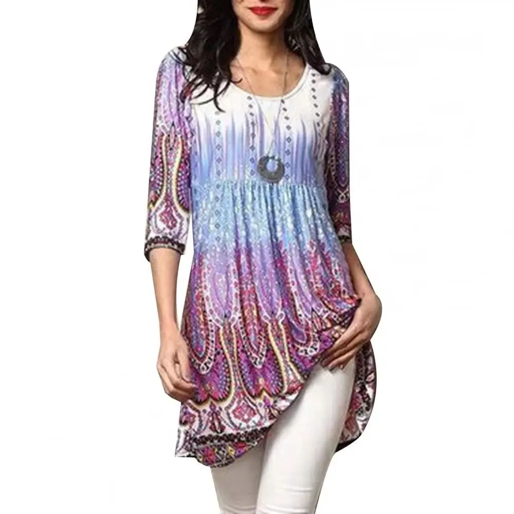 Mode femmes impression numérique longue Blouse Mini robe grand ourlet 3/4 manches T-shirt 2025 printemps été mince Style femmes Blouse haut