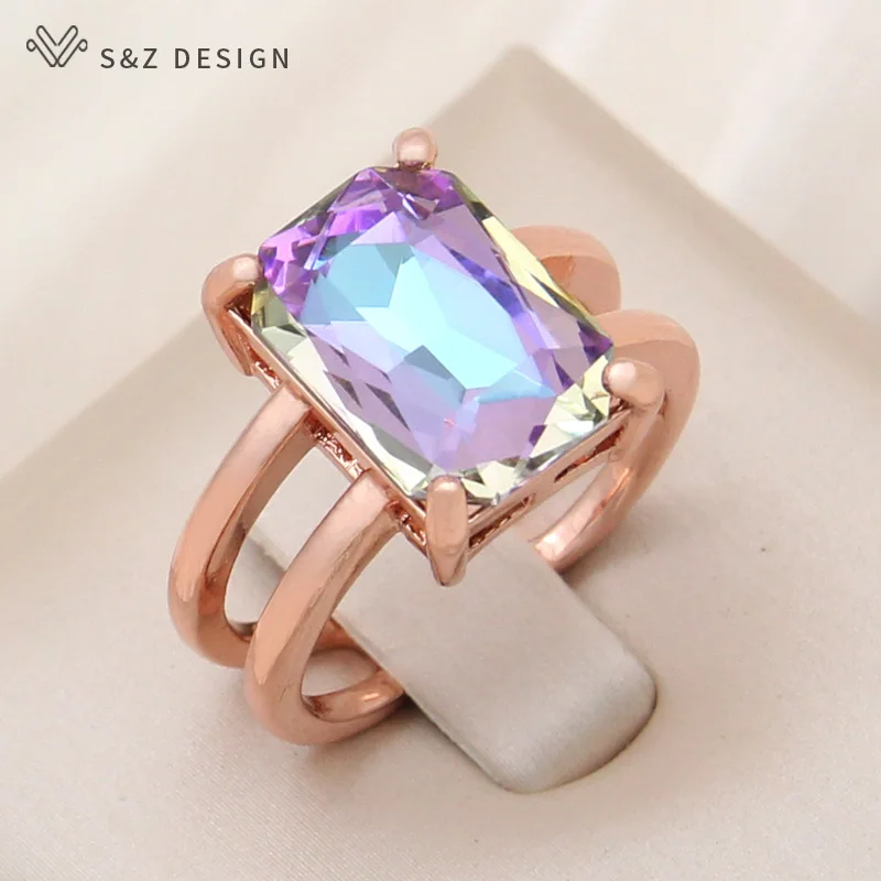 S&Z DESIGN New Fashion 585 Rose Gold Color Adjustable Rectangle Crystal Rings For Women Wedding Party Jewelry Gift
