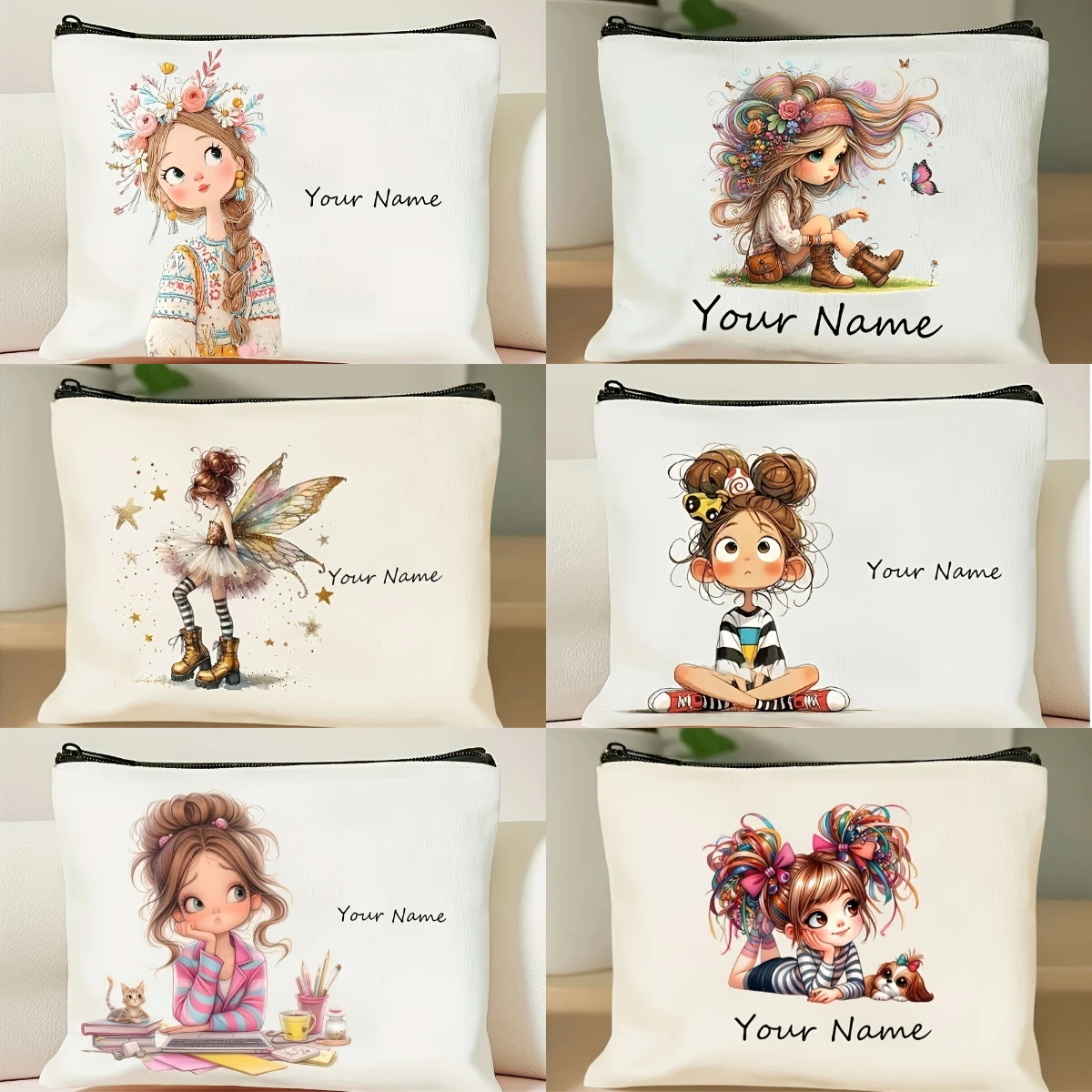 Add Your Name Makeup Bag Cute Girl Pattern Portable Zipper Toiletry Storage Bags Cosmetic Pouch for Women Friend Christmas Gift