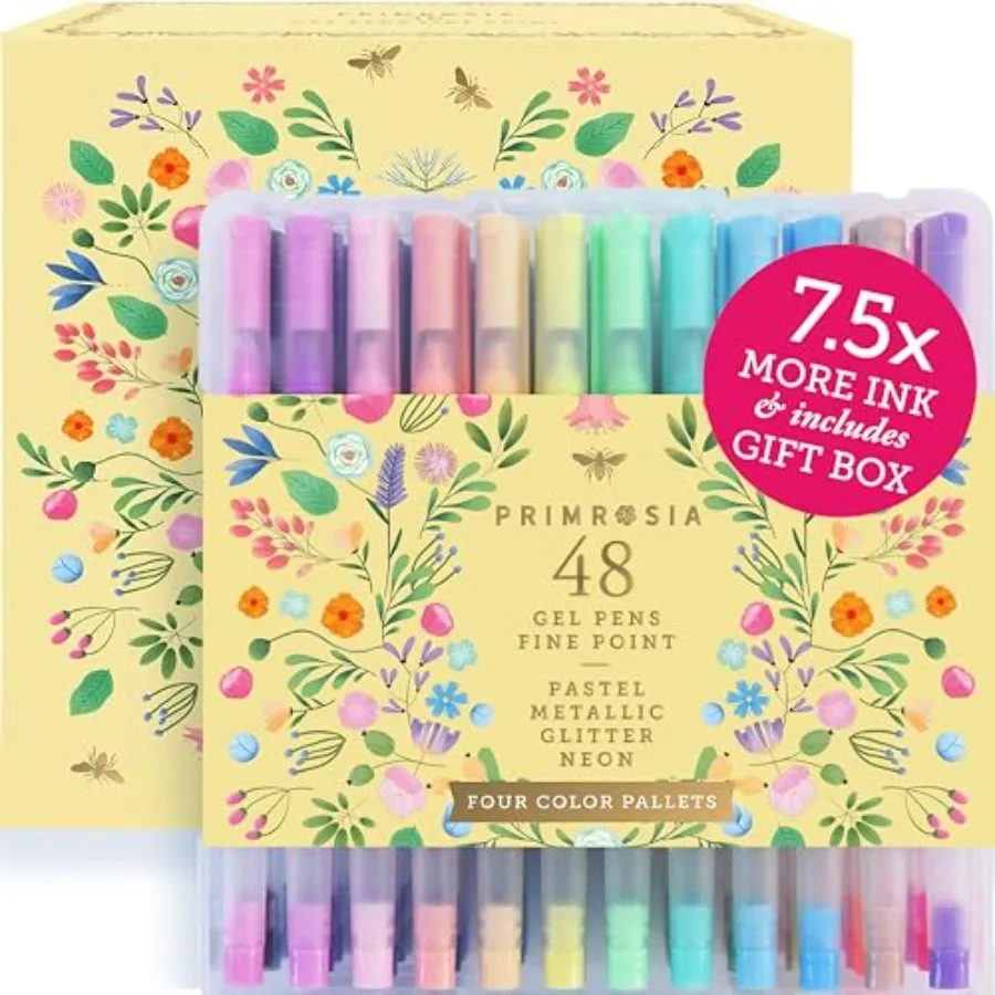 

48 Gel Pens inc. Metallic Pastel Glitter and Flourescent for Adult Coloring Book and Dot Grid Journal Pens. No-Bleed-Through in