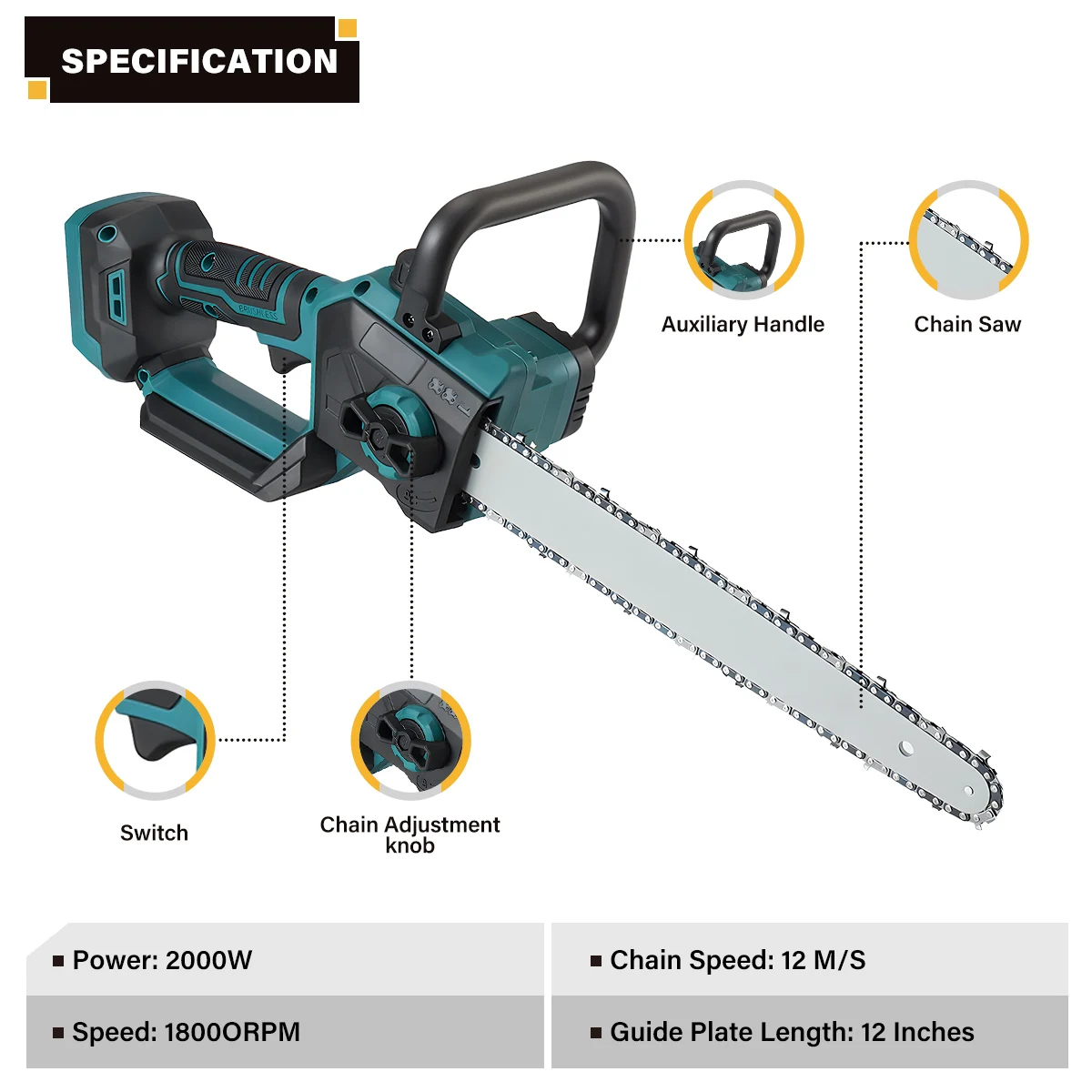 VIOLEWORKS 12In Chain Saw Cordless Electric Saw For Makita 18V Battery Handheld Garden Logging Chainsaw Wood Cutting Power Tool