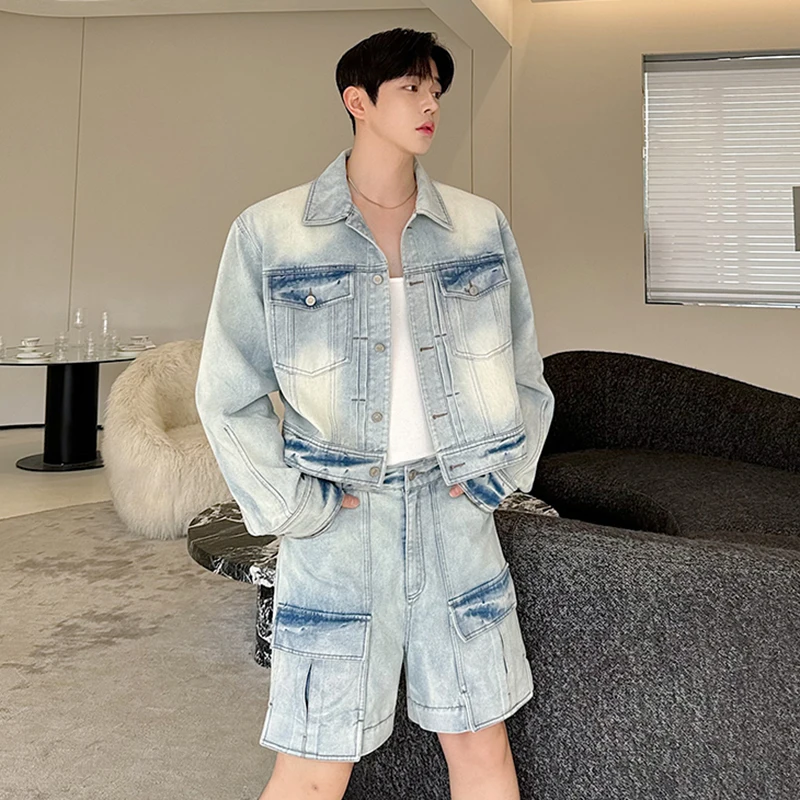 IEFB Autumn New Fashion Men\'s Denim Set Washed Short Jacket Straight Detachable Jeans Three-dimensional Multi-pocketsuit 9C7060