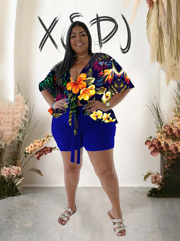 Two Piece Set Mulheres Outfit Blusa de Férias Set Shorts e Camisa Elegante Sexy Verão Suit Plus Size Atacado Dropshipping