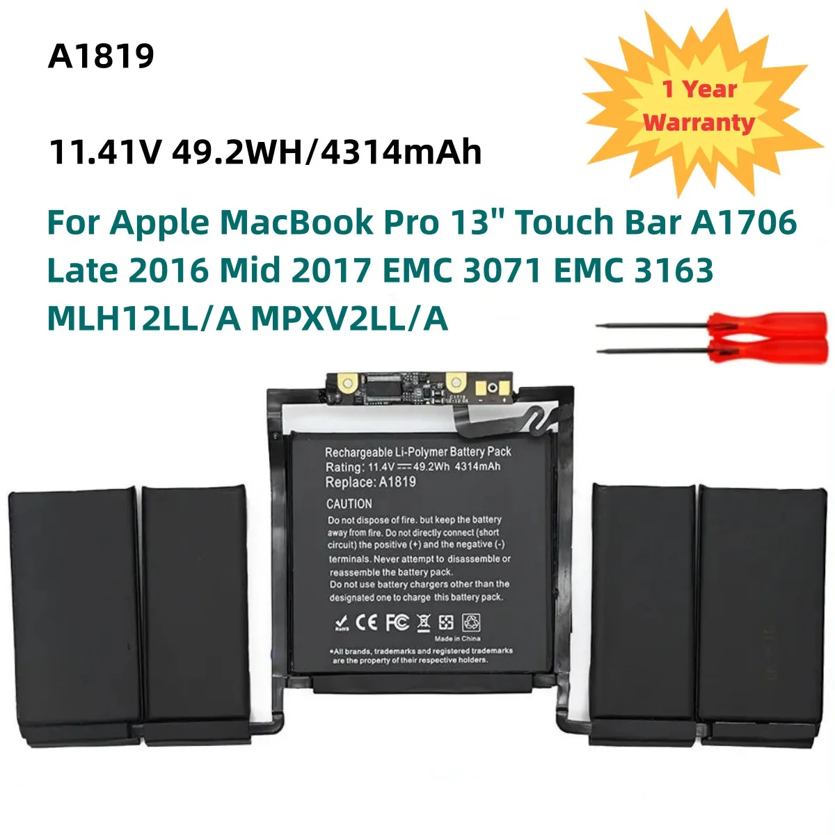 A1819 11.41V 49.2WH Battery for Apple MacBook Pro 13'' Touch Bar A1706 Late 2016 Mid 2017 EMC 3071 EMC 3163 MLH12LL/A MPXV2LL/A