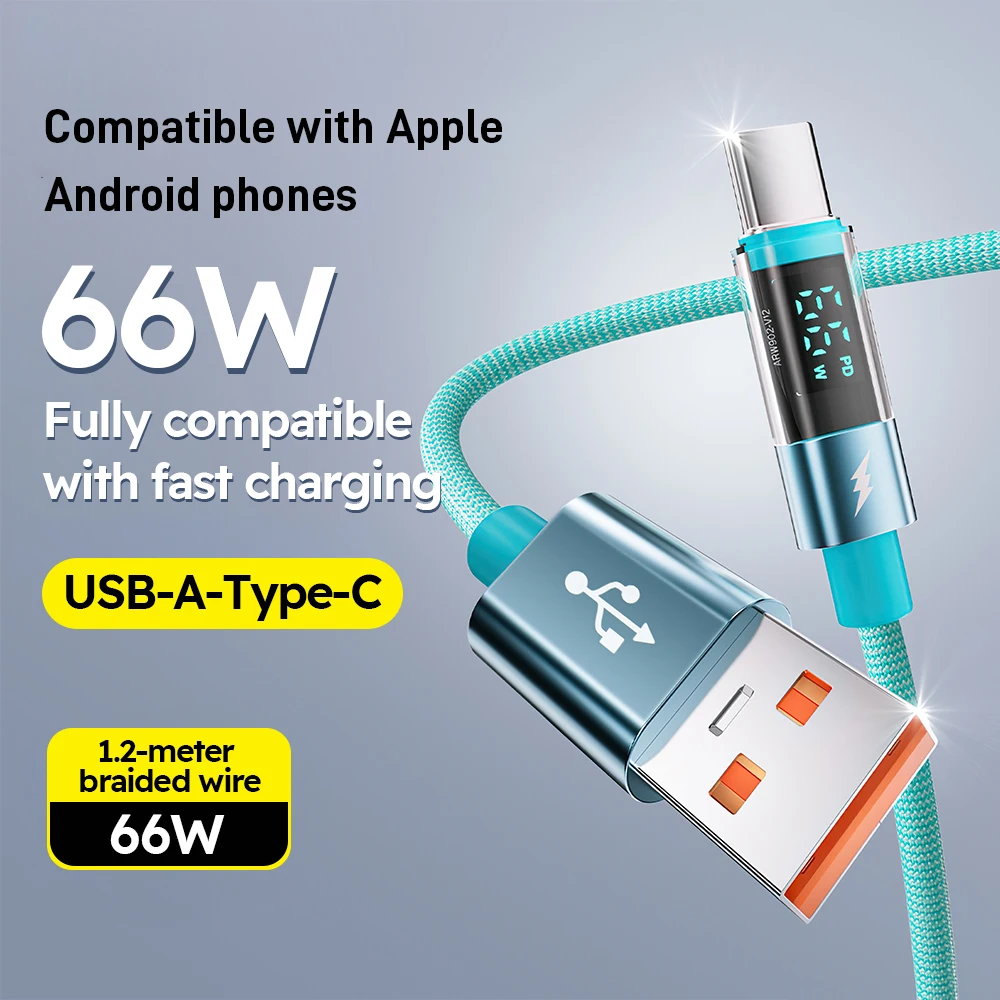 USB-A To Type C 5A 100W Fast Charging Cable LED Digital Display Charge Data Cord for Samsung IPhone 17 16 15 Pro Max MacBook