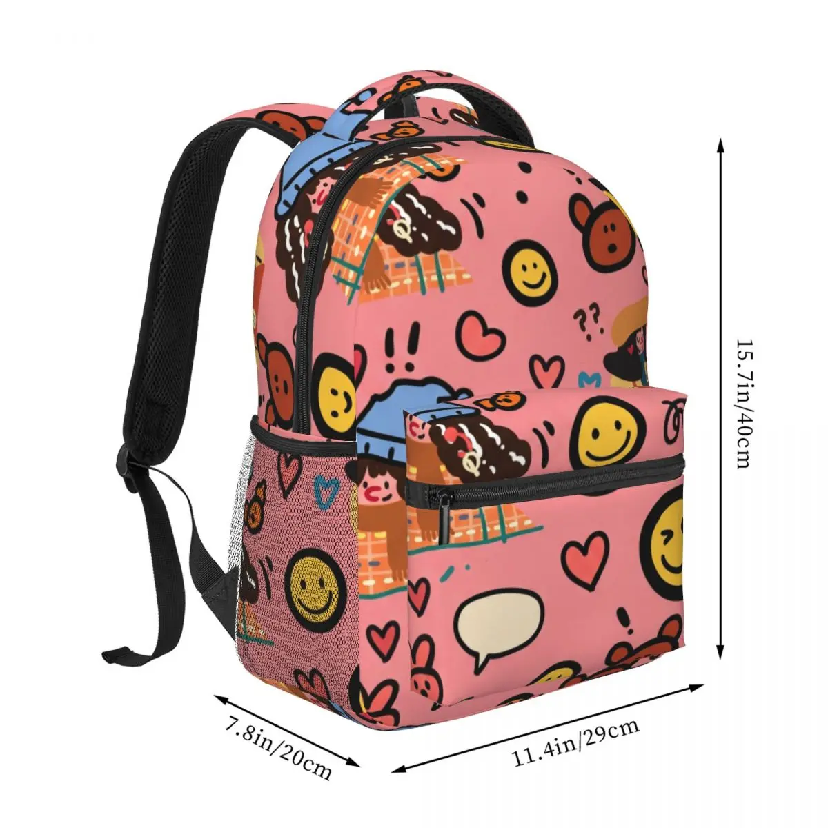 Heart School Backpack Allover Cartoon Doodles Whimsical Illustration Pink Multi Color Casual Daypack for School Daily Convention