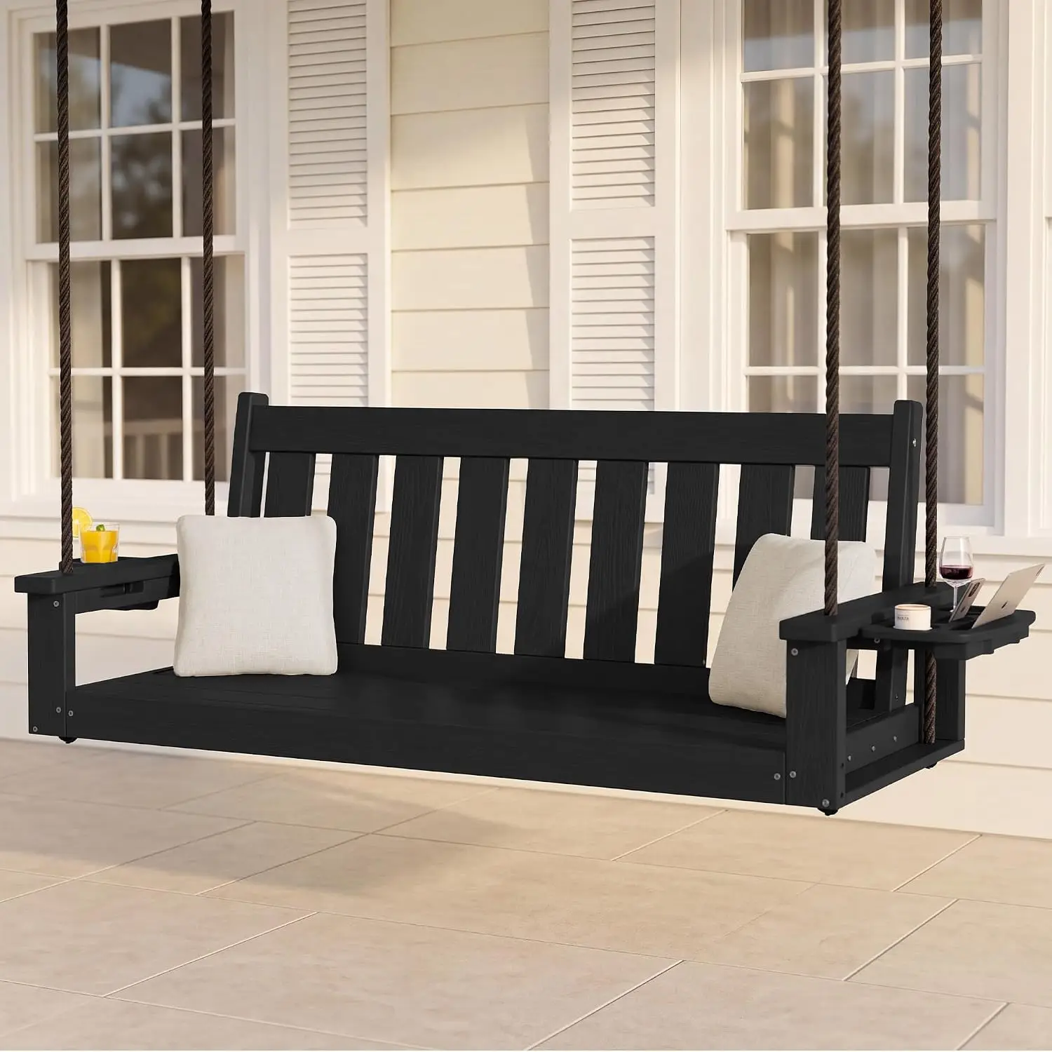Include 1 Porch Swing & 2 Throws Pillows, Heavy Duty Porch Swing with Cup Holder & Multi-Purpose Storage Rack