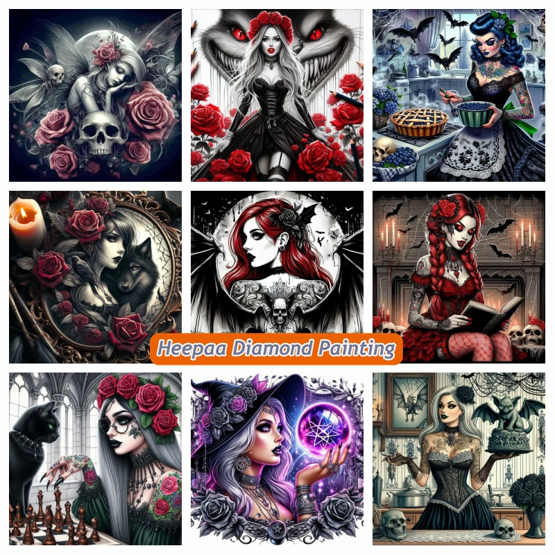 Gothic Halloween Witch Woman 5d Diamond Painting Art Rose Flowers Skull Girl Cross Stitch Handmade Embroidery Home Decor Gift