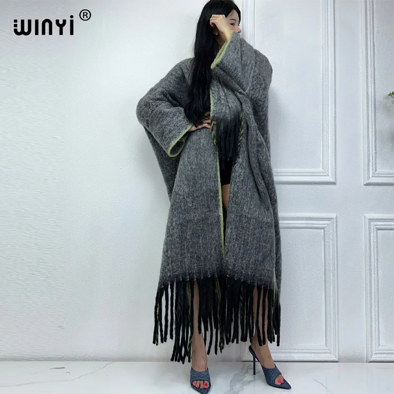 

WINYI new Winter Women Solid color Luxury Fur Neutral coat Loose cardigan elegant Warm Female coat over poncho tassels jacket