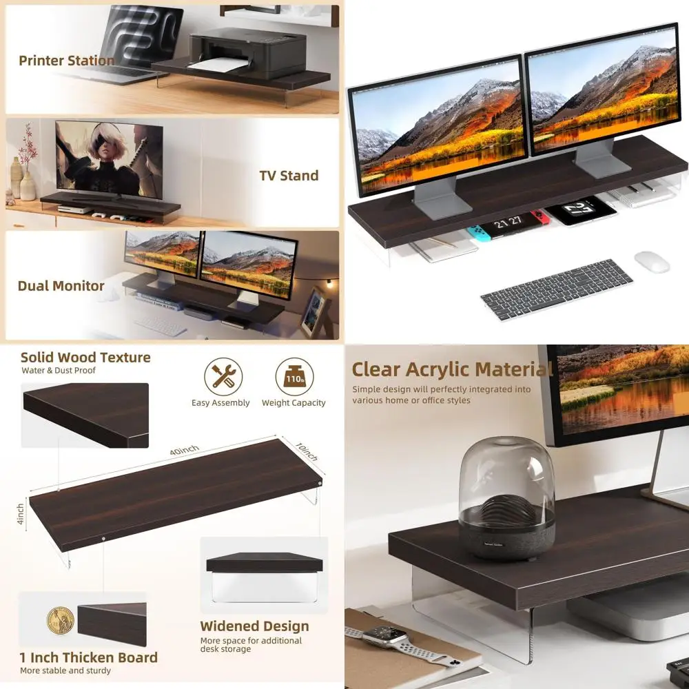 

40 Dual Monitor Stand, Wooden Desk Organizer for Large Monitors, Laptops, TVs, and Printers