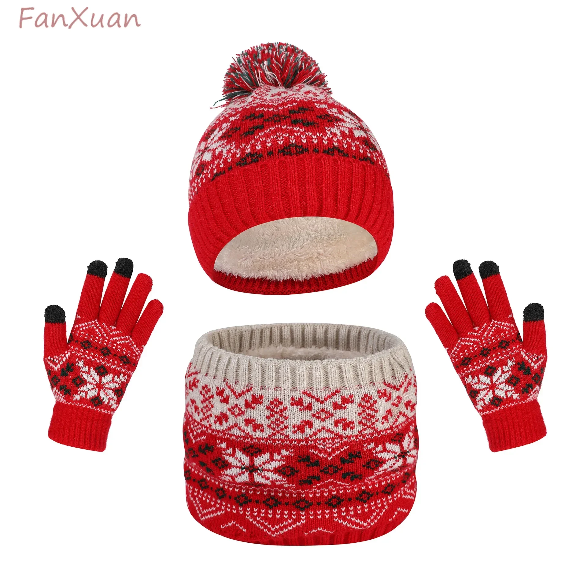 

3pcs Winter Set for Children Girls Boys Hats Beanies Scarf Gloves Knit Classic Plaid Stripe Snowflake Thick Fleece-lined