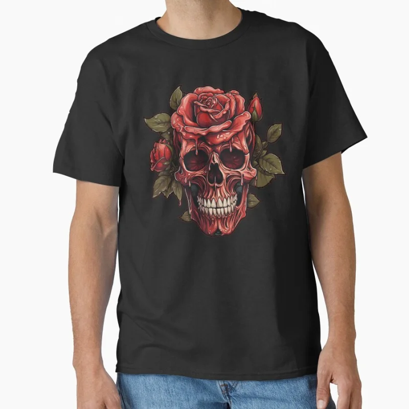 

Rose Skull Old school devil Goth style Horror skeleton Halloween gift T shirt for men large size Adult Tops S-6XL