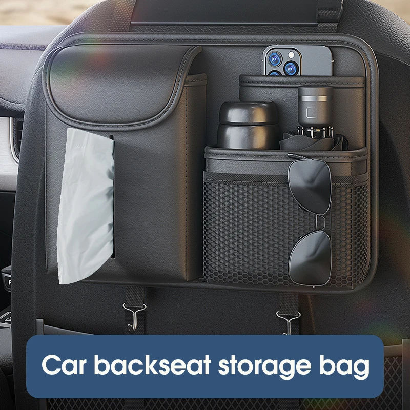 

RazorRide Nappa Leather Car Seat Back Organizer Rear Row Storage Bag with Elastic Band Multi-Pocket Anti-Kick Pad Seat Protector