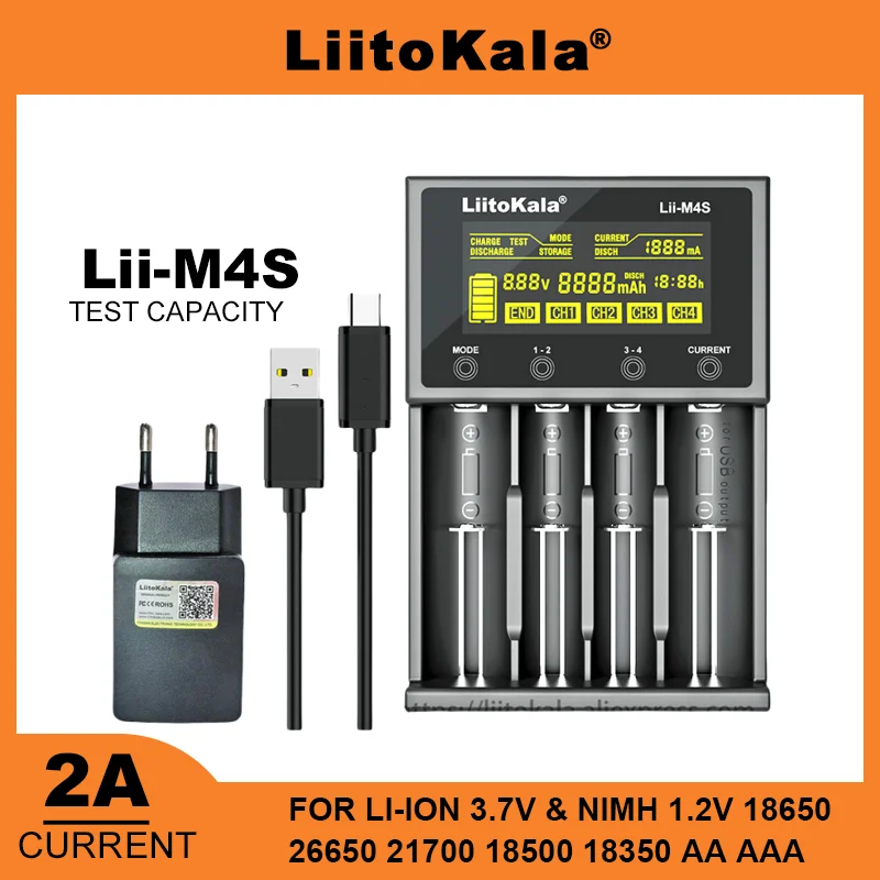 Ładowarka LiitoKala 600 M4S LCD do akumulatorów litowo-jonowych 3,7 V i NiMH 1,2 V odpowiednia do AA AAA 18650 26650 21700 26700 18350