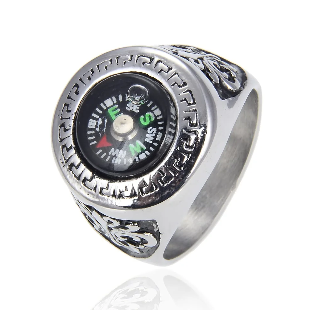 Stainless Steel Working Compass Ring for Men Retro Carved Pattern Functional Outdoor Navigator Statement Finger Jewelry Gift