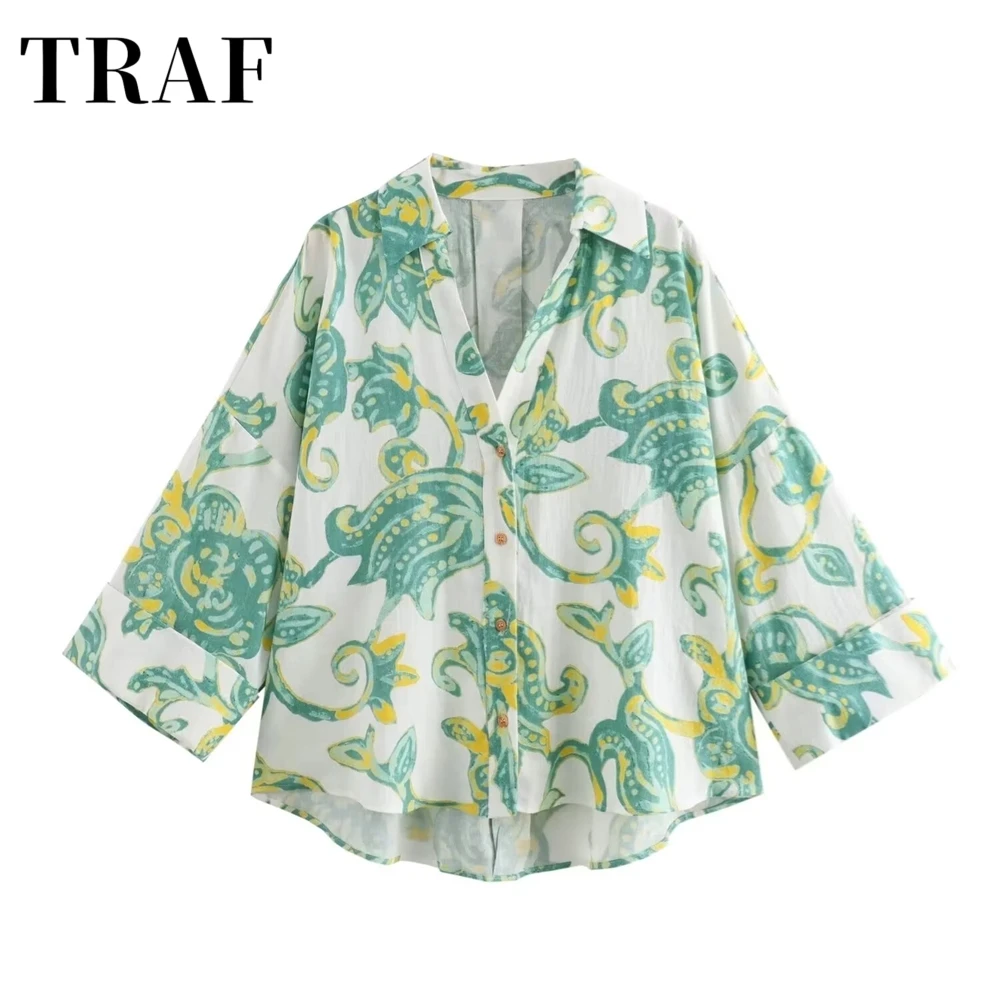 TRAF Summer New Product Women\'s Lapel Curled Wide Sleeves Asymmetric Hem Linen Blended Printed Shirt