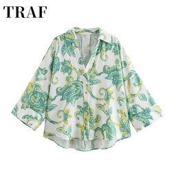 TRAF Summer New Product Women's Lapel Curled Wide Sleeves Asymmetric Hem Linen Blended Printed Shirt