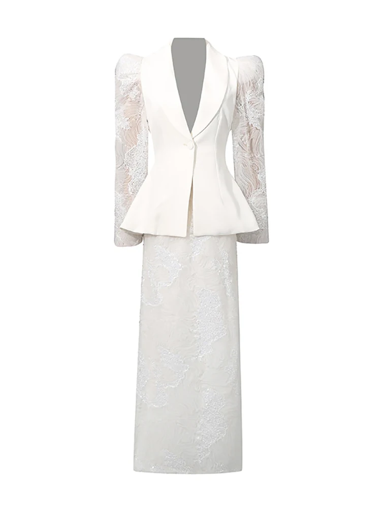 

Women White Skirt Two Piece Set Sexy V Neck Long Sleeves Blazer Coat + Sequins Patchwork Long Skirts Suits Elegant Party Cocktai