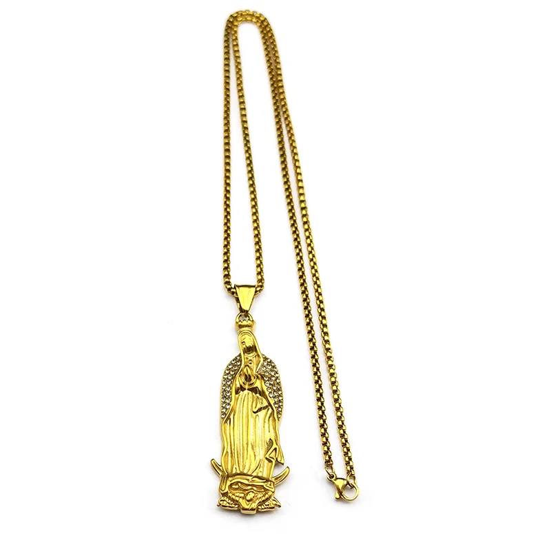 Katholische Jungfrau Maria Strass Anhänger Halskette für Frauen Männer Edelstahl Gold Silber Farbe Guadalupe Gebet Schmuck – Detail 8