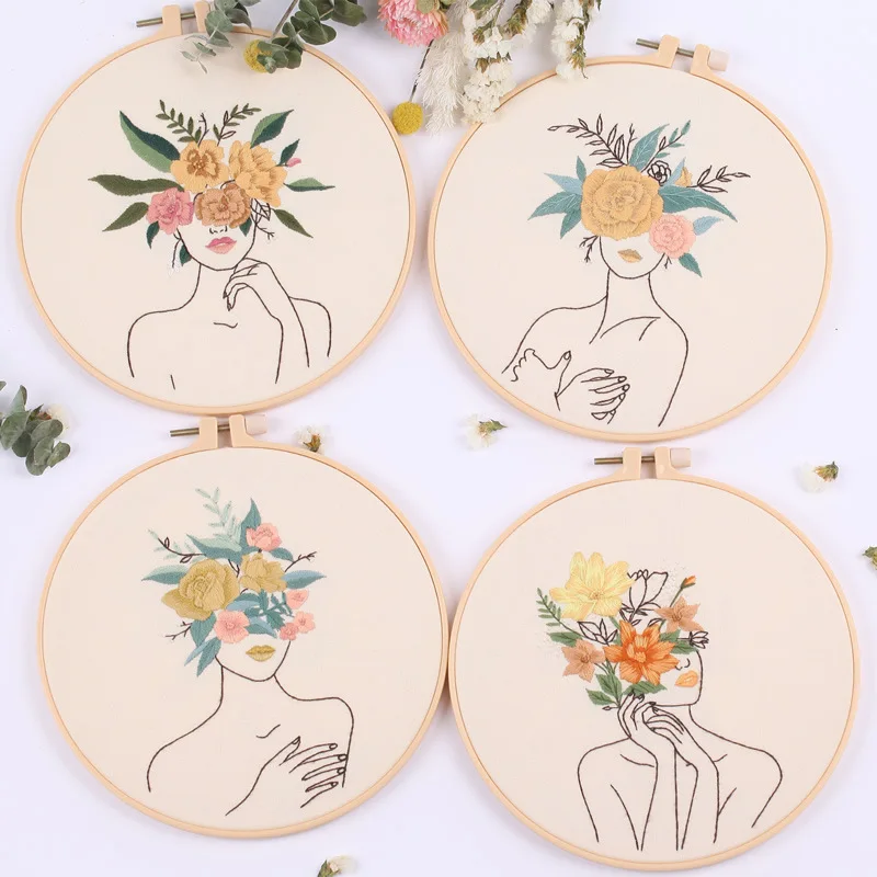 Embroidery Kit with Patterns and Instructions DIY Beginner Cross Stitch Kits for Adults Clothes Women Flower Hoops  Color Thread