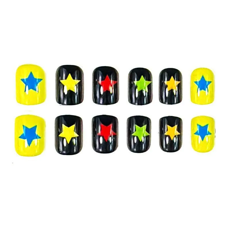 Uñas postizas negras, diseños de estrellas coloridas, uñas cortas cuadradas a presión, dijes para niñas, parches para manicura DIY, Y2K