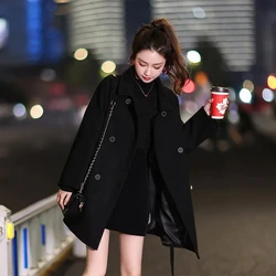 2024 Autumn Winter Black Woolen Coat Women's Mid Length High End Temperament Thickened Wool Jacket Double Breasted Belt Overcoat