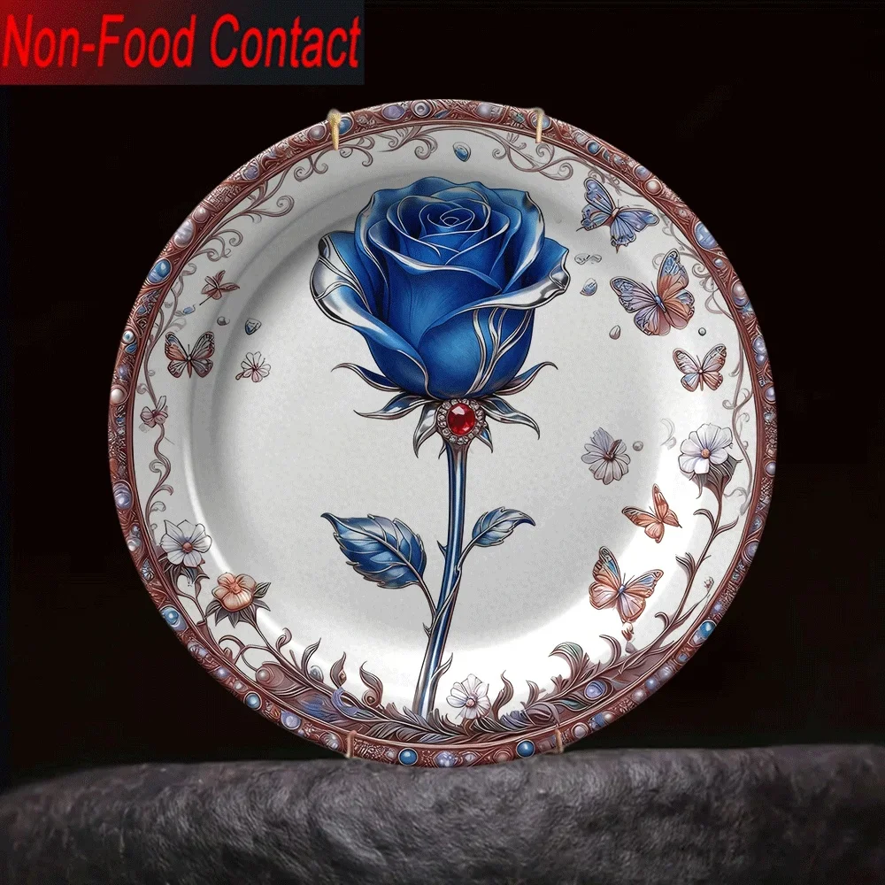 1pc Elegant Blue Rose & Ceramic Decorative Plate - Non-Food Contact Tabletop Ornament with Golden Accents, Floral Design, Round