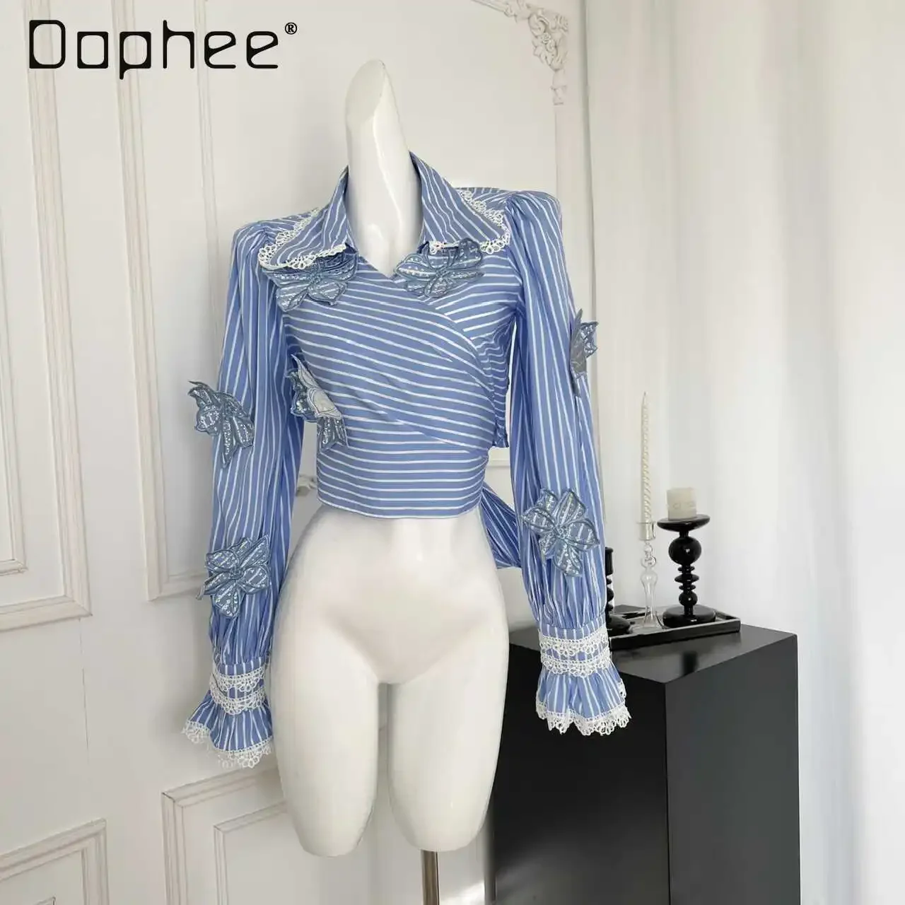 

Blue Stripe Short Shirt Chic Lace Up Slim Floral Decoration Elastic Long Flare Sleeve Turn Down Collar Blouse Commute