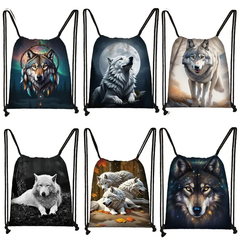 Howling Wolf Under The Moonlight Print Backpack Women Drawstring Bags Outdoor Casual Shoulder Bag for Travel Storage Bags Gift