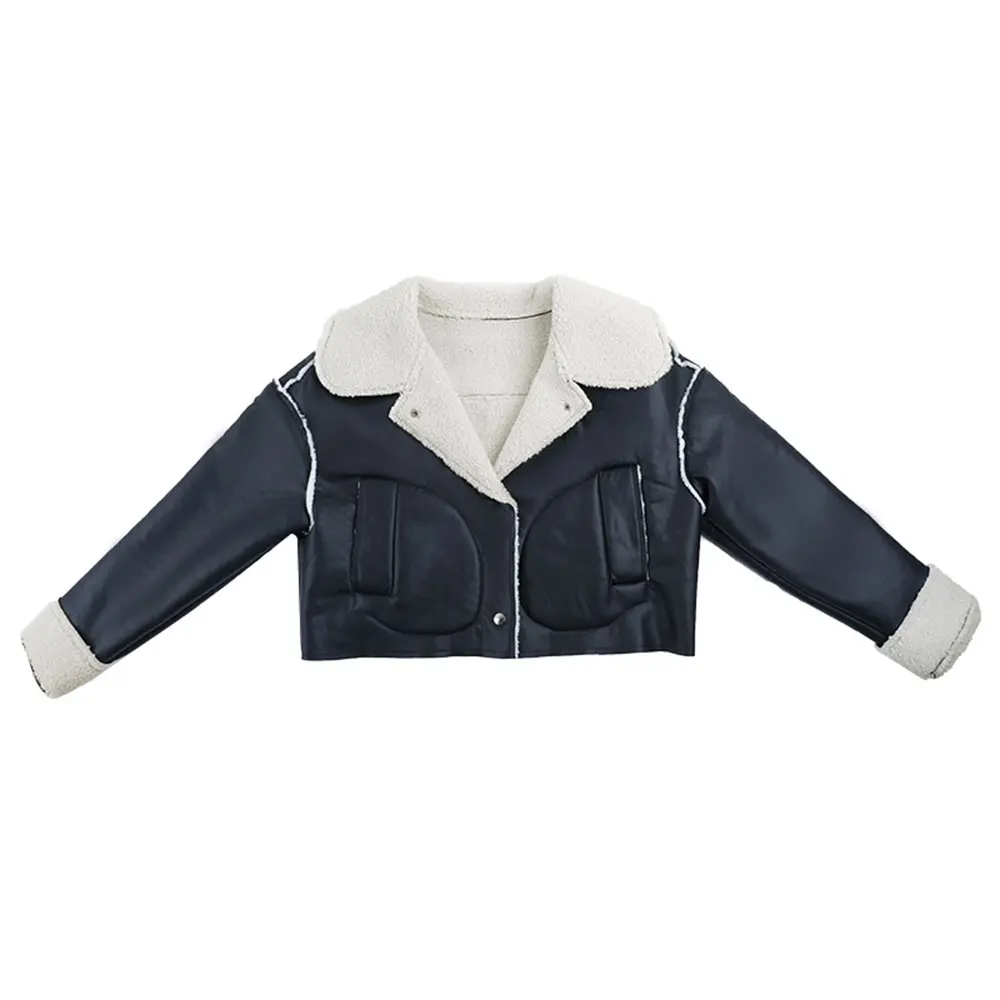 เสื้อแจ็คเก็ตหนังหนาสำหรับผู้หญิง สไตล์สตรีทอบอุ่น ตัดสั้น บุขน คอตั้ง ทรงมอเตอร์ไซค์ สำหรับฤดูใบไม้ร่วงและฤดูหนาว
