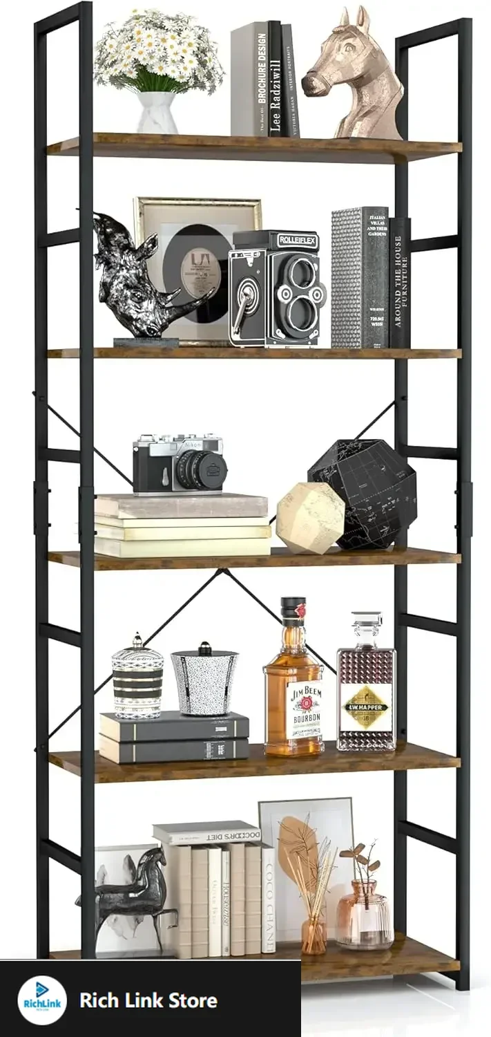 

5 Tier Bookshelf, Tall Bookcase, Office Shelf Storage Organizer, Modern Book Shelf for Living Room, Bedroom, and Home Office