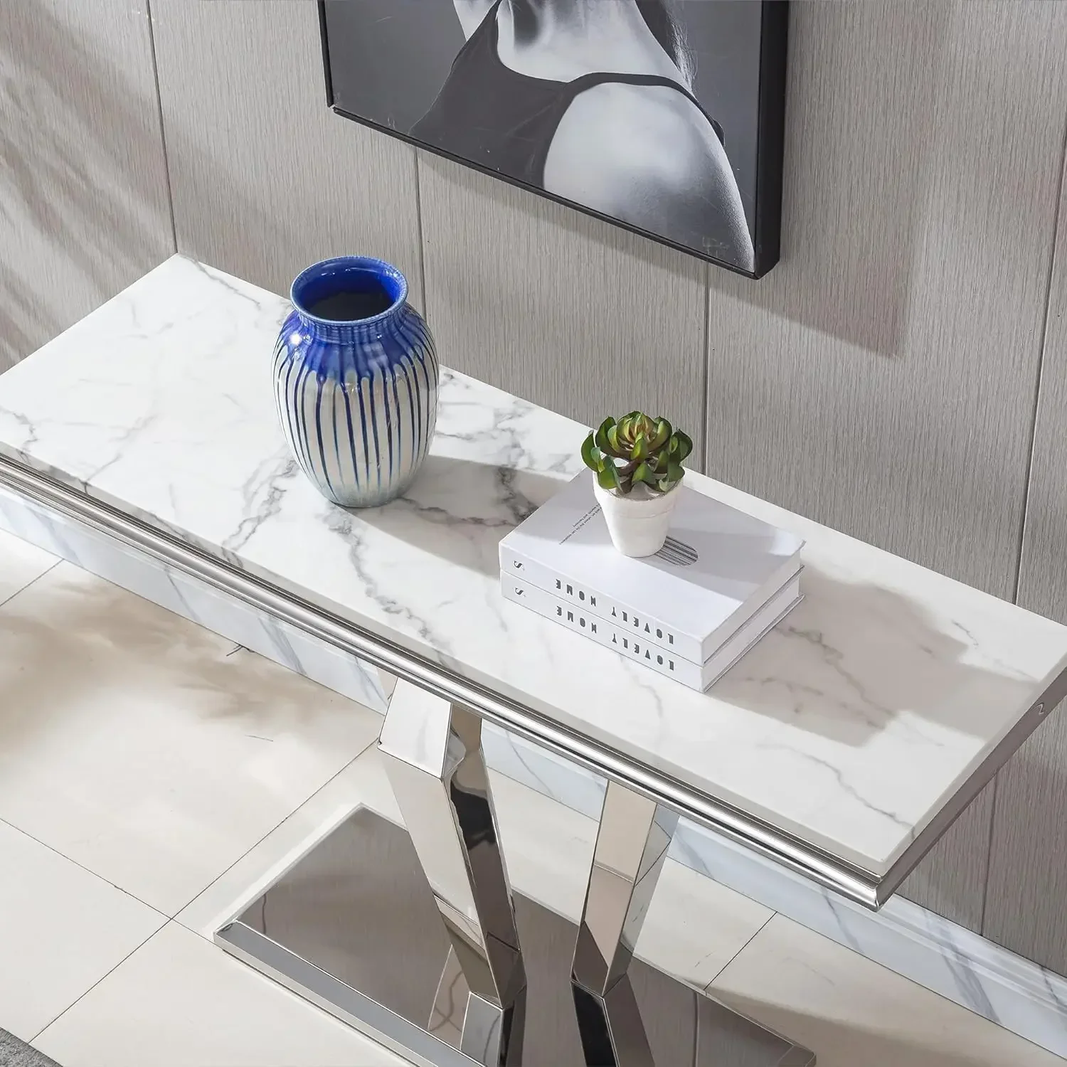 White Marble Console Table with Stainless Steel Diamond-Shaped Base, Faux Marble Top Console Table Narrow Console Table