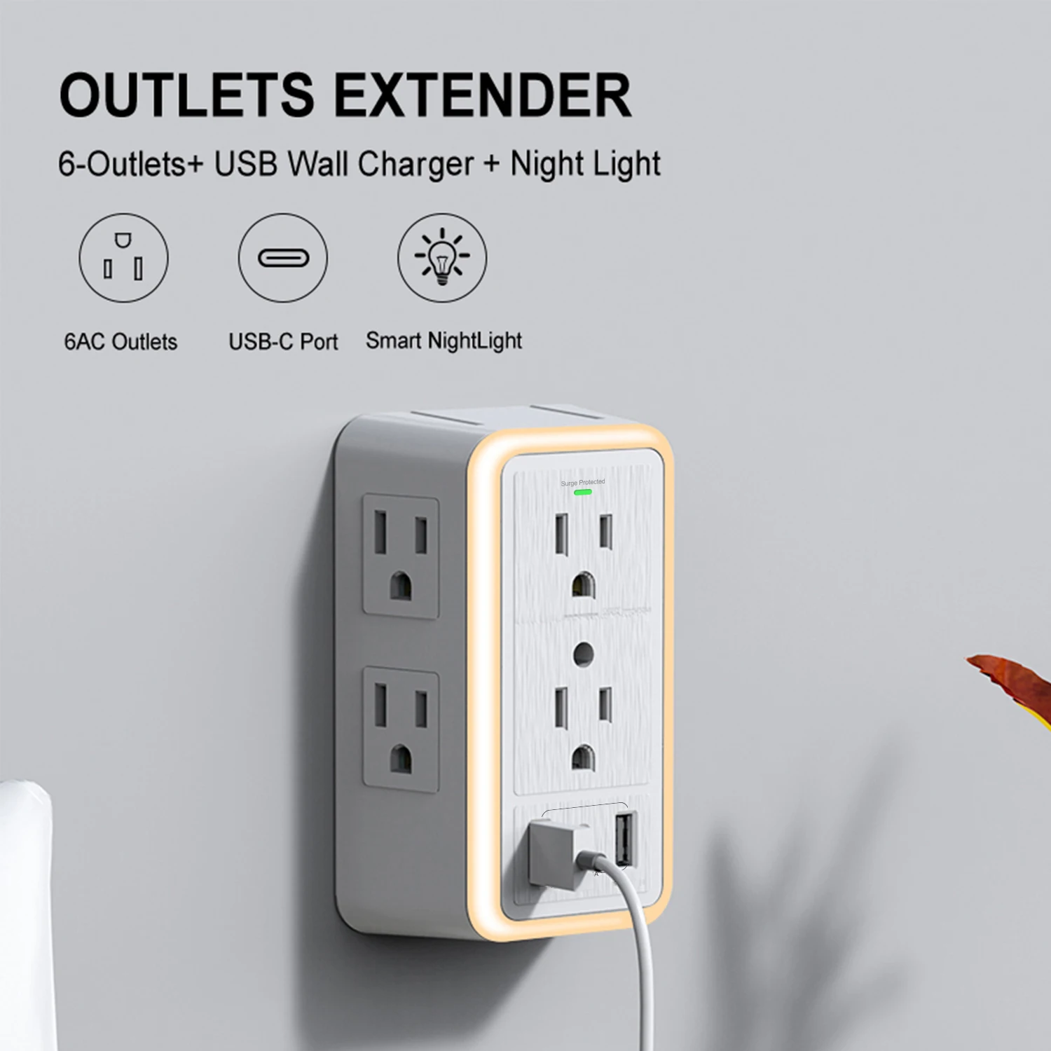 9-in-1 Surge Protector 6-Outlet Extender with 2 USB & 1 USB-C Ports Power Strip Multi Plug Outlets Wall Adapter Spaced for Home