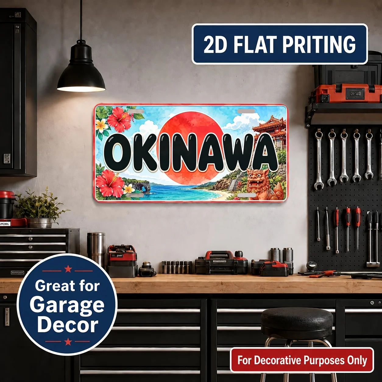 2D Flat, [2D Flat] 2D Flat Plane, 1pc, Vintage Metal License Plate Wall Sign, Okinawa Theme - Durable and Fade-Resistant, Indoor