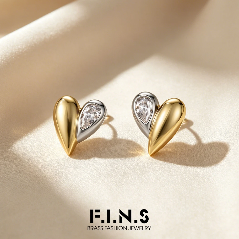 F.I.N.S 14K Gold Plated Brass Two-Tone Heart Stud Earrings Teardrop Cubic Zirconia Minimalist Fashion Jewelry for Women Gifts