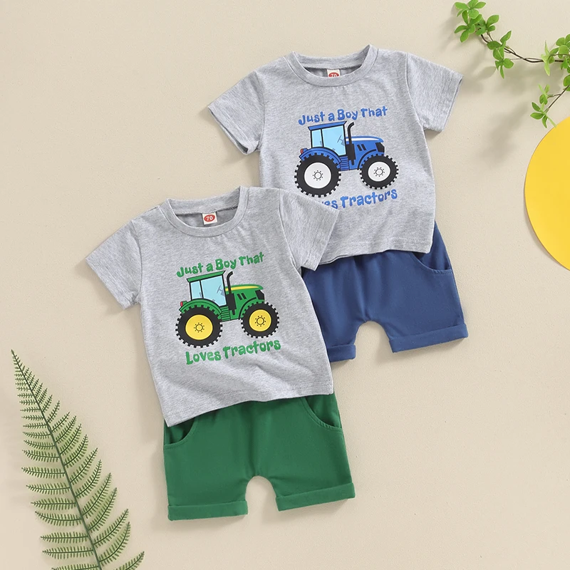 

Kids Baby Boys 2 Piece Summer Outfit Tractor Letter Print Short Sleeve Tops Elastic Waist Shorts Baby Toddler Set