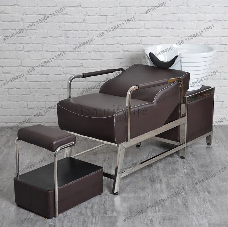Simple and modern hair salon special stainless steel shampoo bed barber shop hair bed ceramic basin high-end