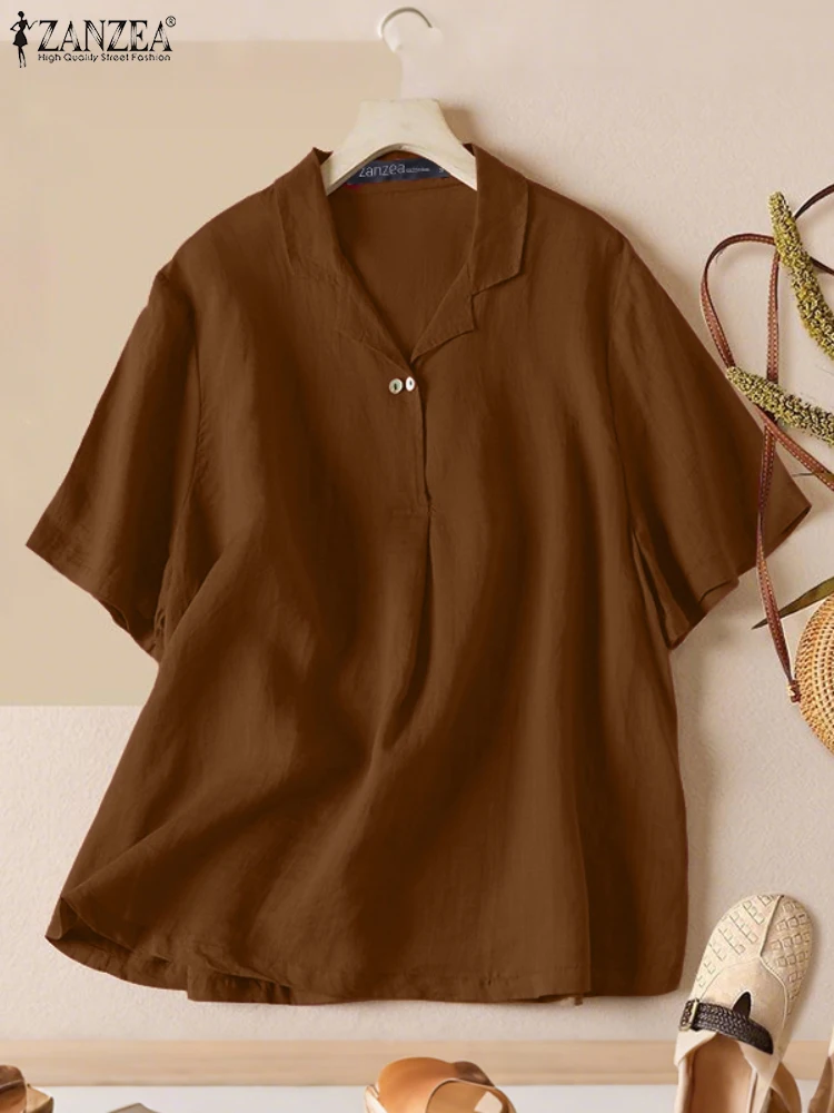 

ZANZEA Woman Summer Cotton Blouses Casual Half Sleeve Turn-Down Collar Solid Color Basic Shirts Day Wear Breathable Blusas Mujer
