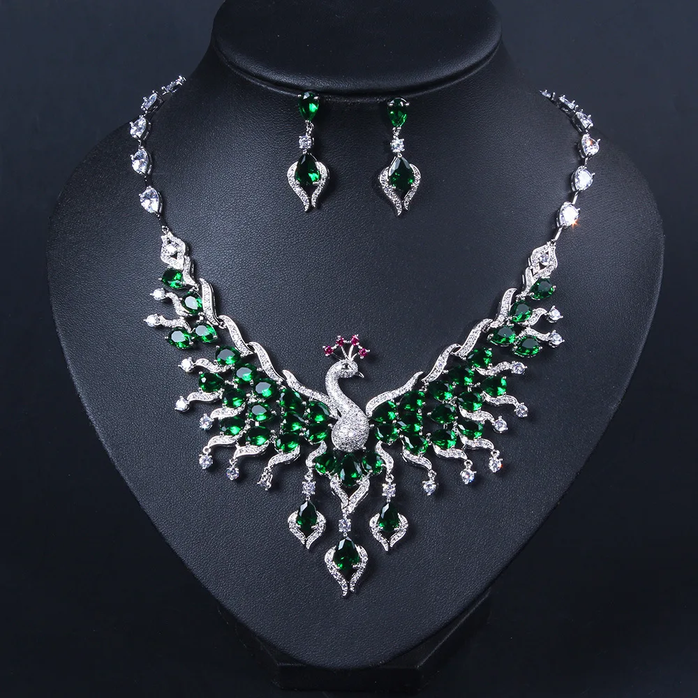 New Fashion Light Luxury Ethnic Style Inset Zircon Earrings Peacock Fringe Collar Bone Necklace Bridal Jewelry Set For Women